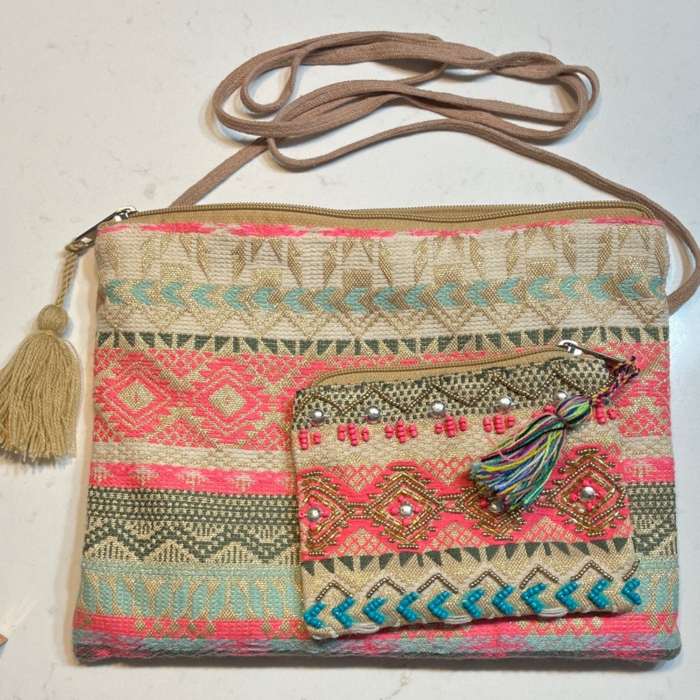 America & Beyond Boho Chic Multicolor Shoulder Bag and Pouch Set
